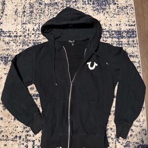 True Religion Black Zip Hoodie with White Horseshoe Chest Logo
